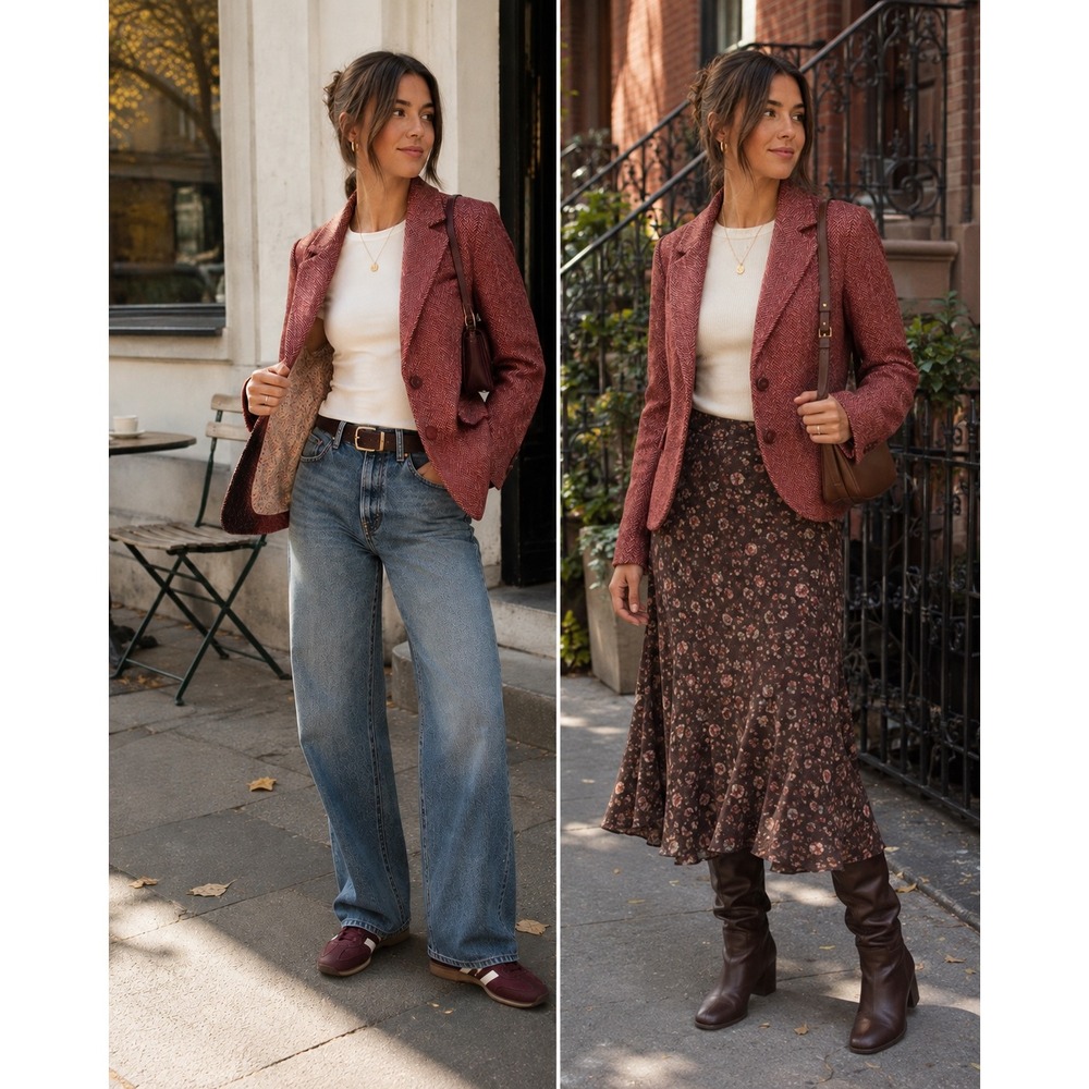 Sisley Blazer Burnt Red Herringbone Wool Blend Peplum Tailored Sz 42 (6) Italian